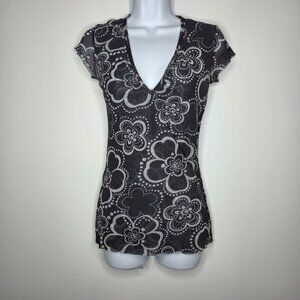 Sweet Pea Stacy Frati Womens Y2K Black Floral Mesh Top Size S V Neck Whimsigoth